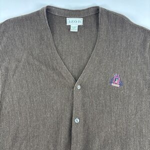 Vtg Izod Brown Cardigan Sweater Crest Men's XL Preppy Grandpa Collegiate USA